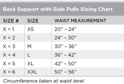 Back Support with Side Pulls Sizing Chart
