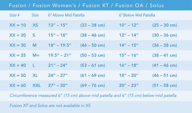 Fusion® Women's Knee Brace Sizing Chart