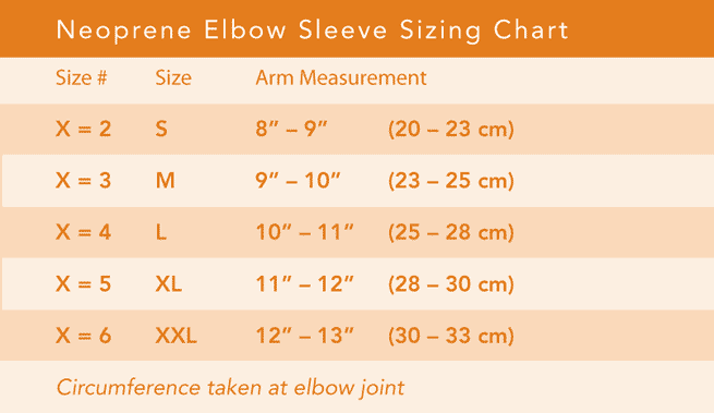Neoprene Elbow Sleeve Sizing Chart