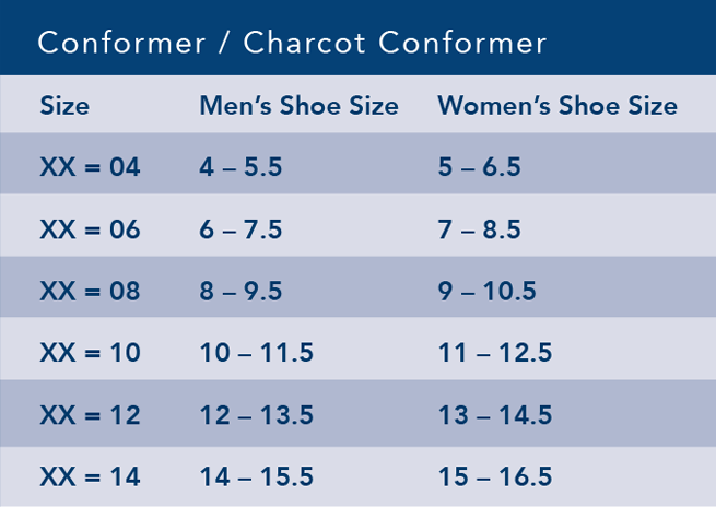 Conformer Walking Boot Size Chart