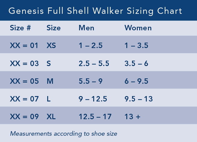Genesis Full Shell Walker Size Chart