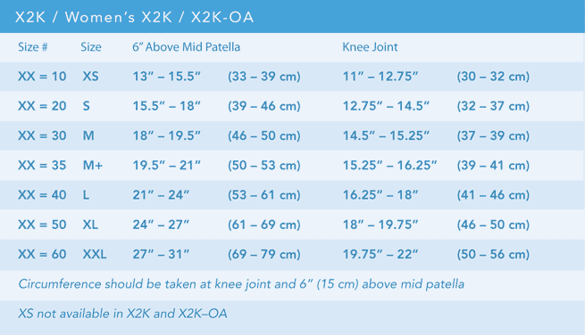 X2K OA Knee Brace Sizing Chart